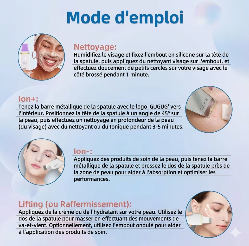 Leather Shovel Moisturizing Clean – Appareil de Nettoyage Visage à Spatule Ultrasonique 6 en 1
